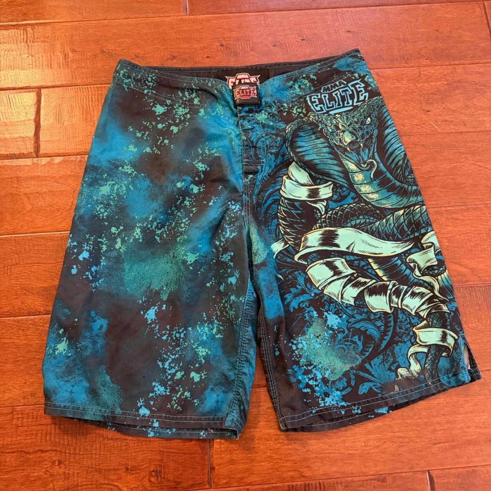 MMA Elite Board Shorts Mens Medium Blue Cobra Snake Graphic MMA Fight Shorts M